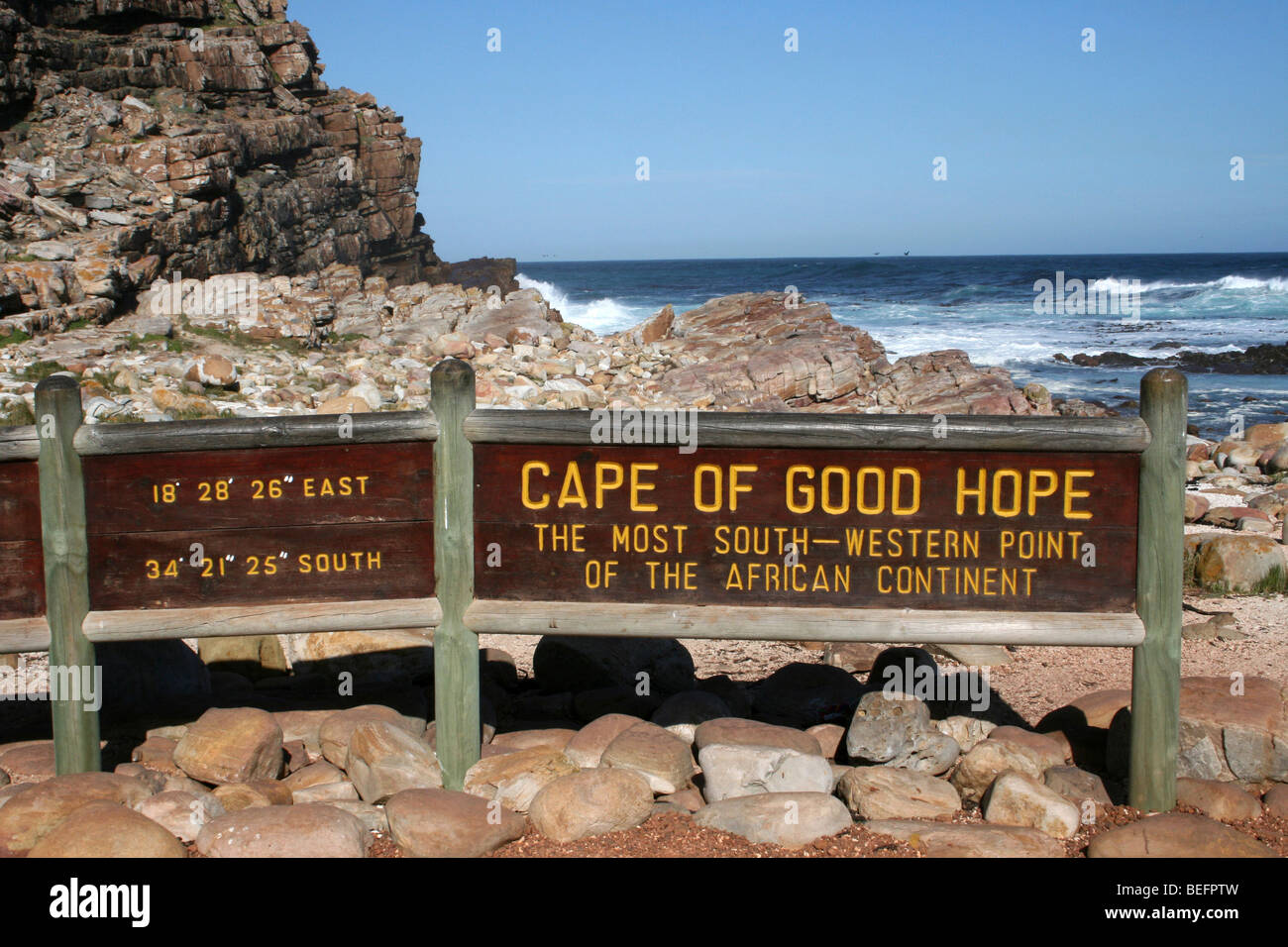 Capo di Buona Speranza segno, Cape Peninsula, Sud Africa Foto Stock