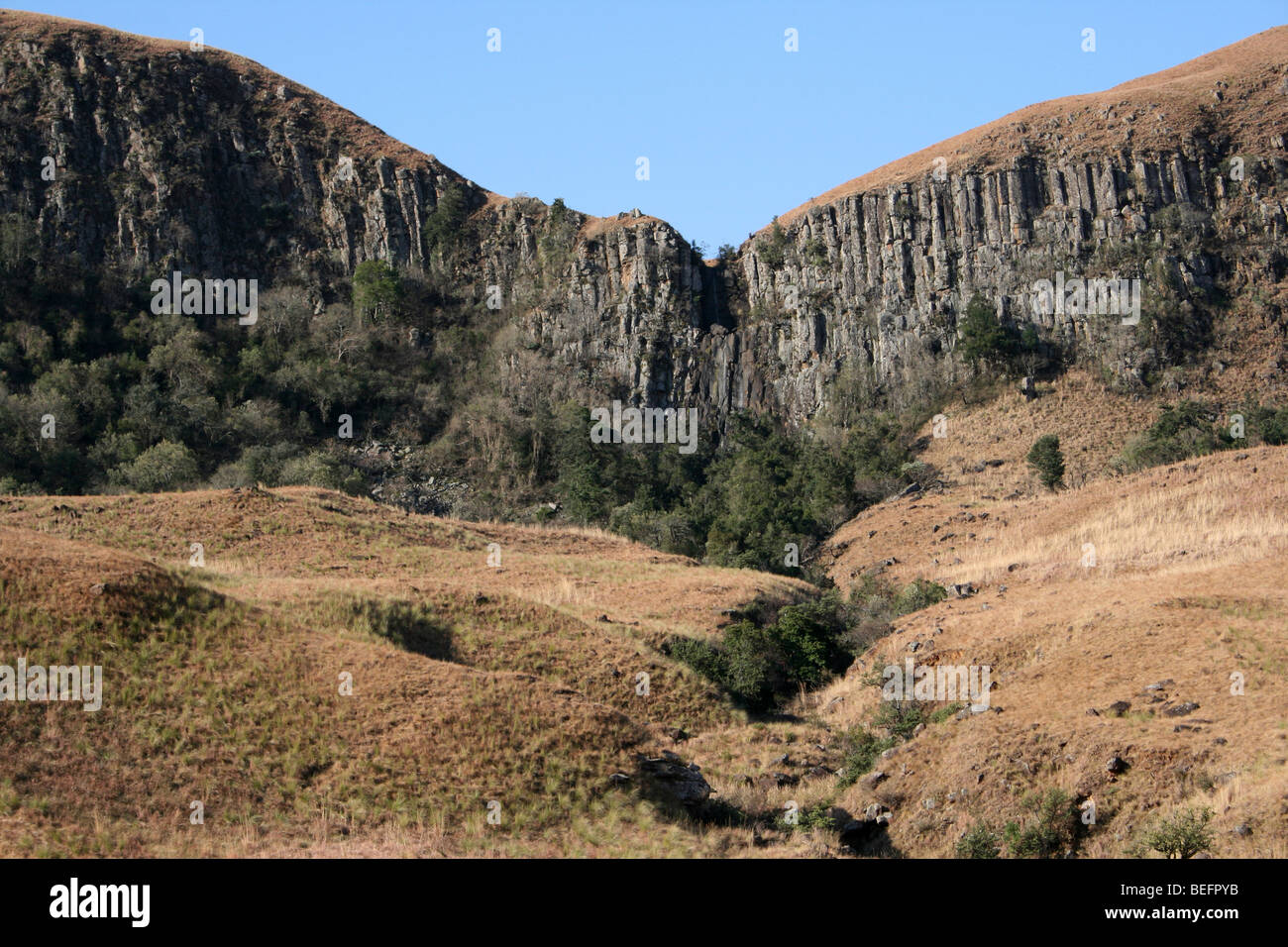 Colonne di basalto nelle montagne Drakensberg, Sud Africa Foto Stock