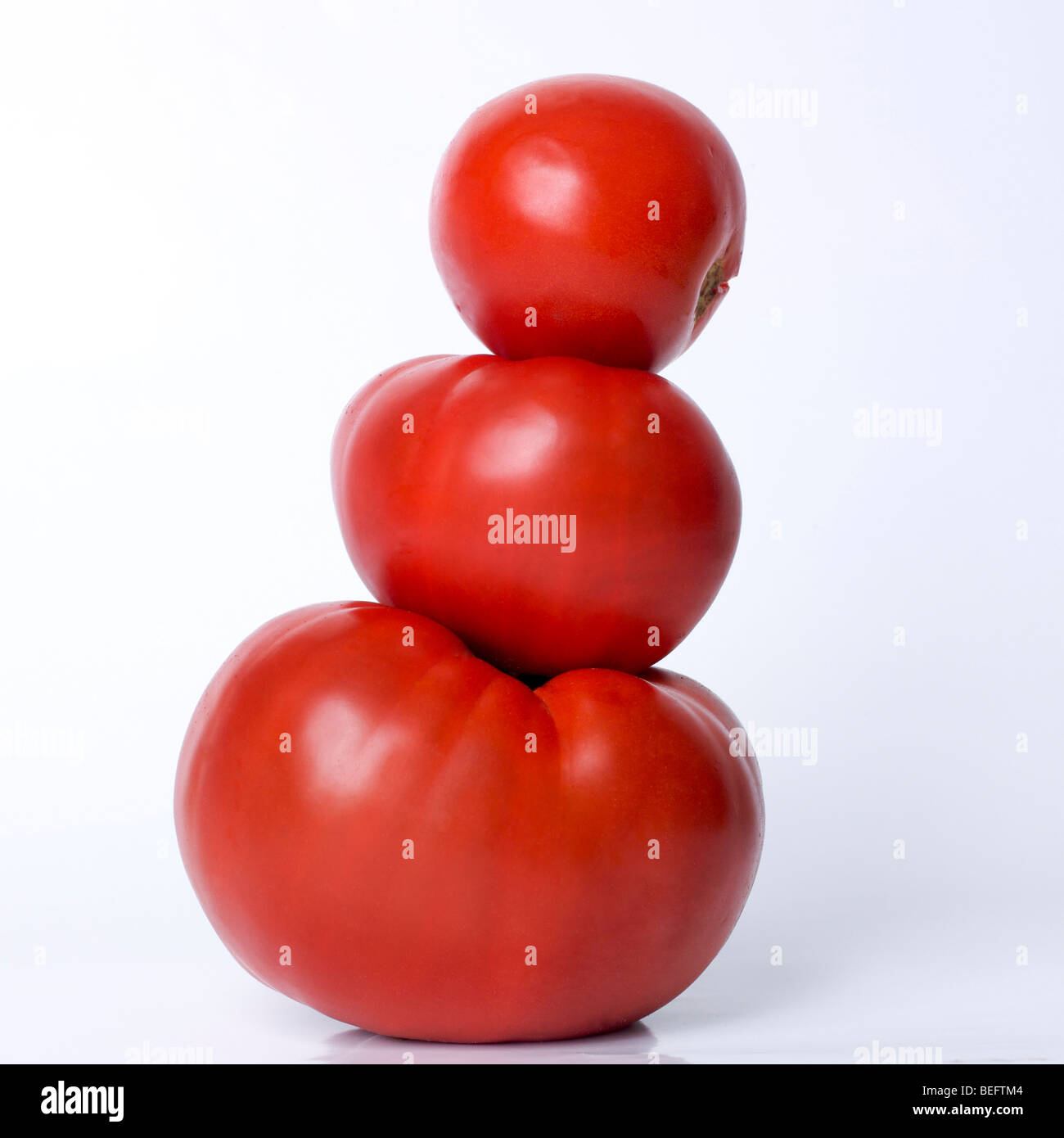 Tre i pomodori su sfondo bianco in studio. Foto Stock