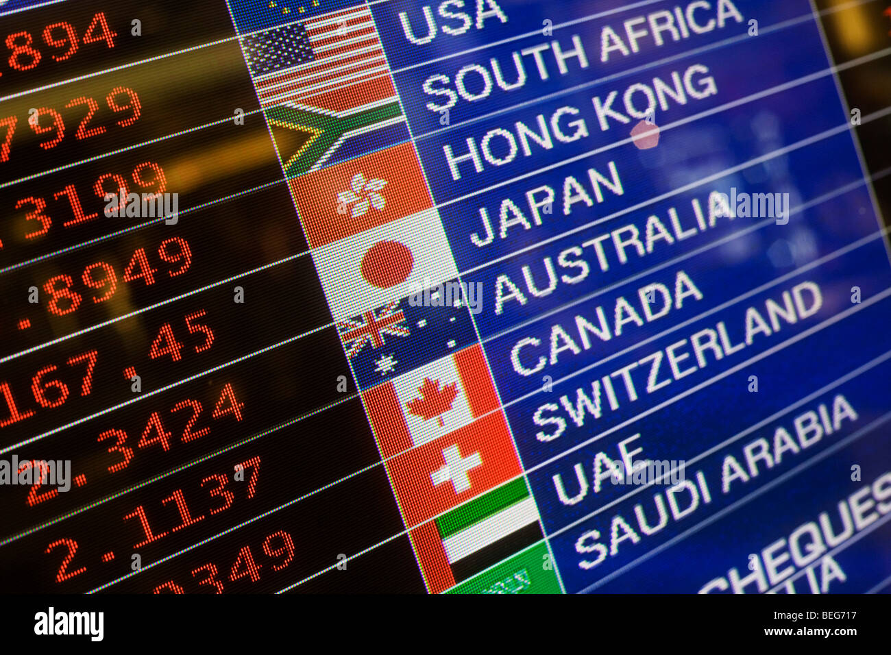 Rivenditore di denaro Travelex i tassi di scambio della valuta straniera visualizzato a Heathrow il Terminal 5. Foto Stock