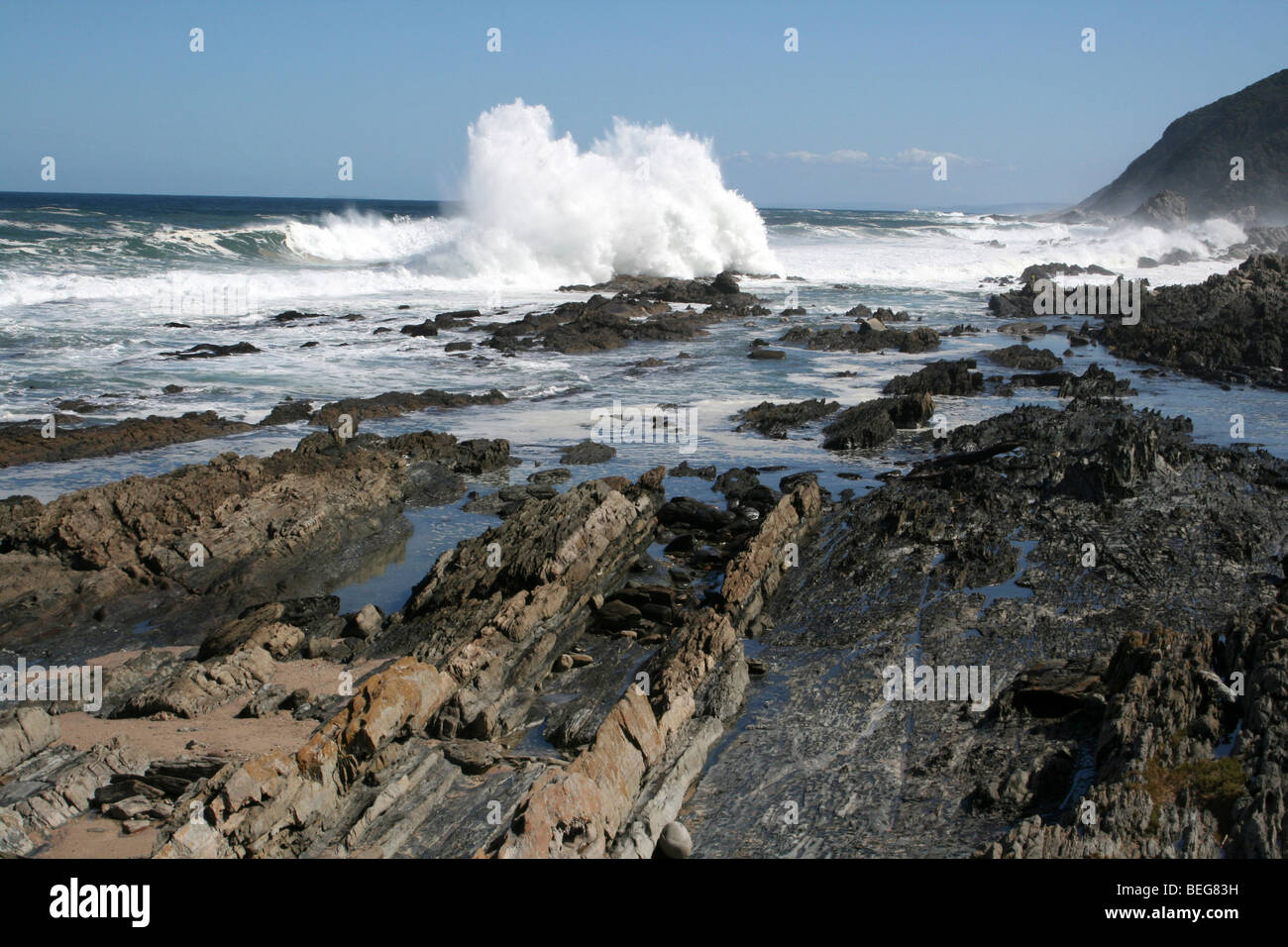 Le onde del mare e la spettacolare costa rocciosa di Tsitsikamma National Park, Garden Route, Sud Africa Foto Stock