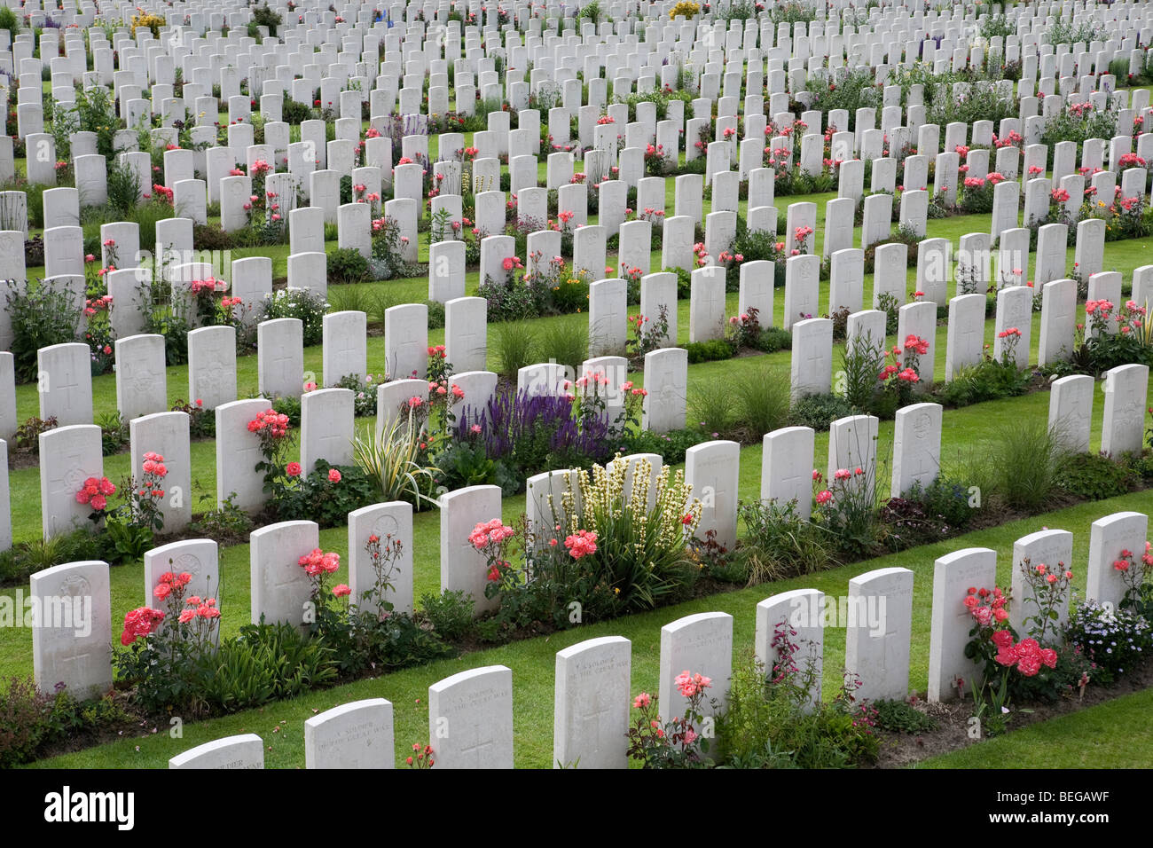 Vista sul Tyne Cot cimitero militare. Prima Guerra Mondiale British cimitero con bianco 11,856 lapidi. Foto Stock