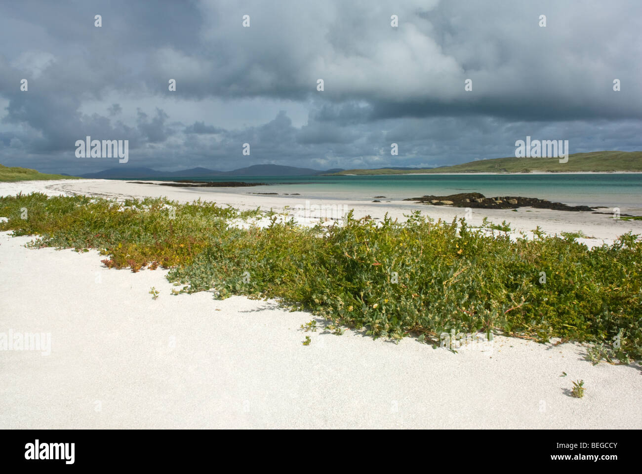 Traigh Sgurabhal spiaggia di sabbia bianca a Eoligarry, Isle of Barra, Ebridi Esterne, Scozia. Foto Stock