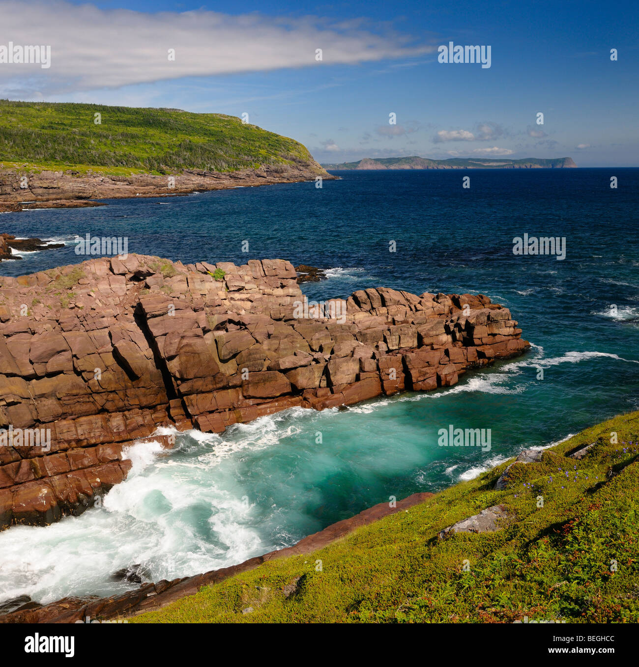 Costa rocciosa e surf a capo lancia sito storico nazionale Terranova in Canada Foto Stock