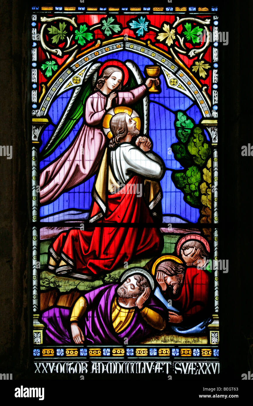 Una vetrata di William Warrington raffigurante l'agonia nel Giardino, la Chiesa di Santa Maria la Vergine, Gunthorpe, Norfolk Foto Stock
