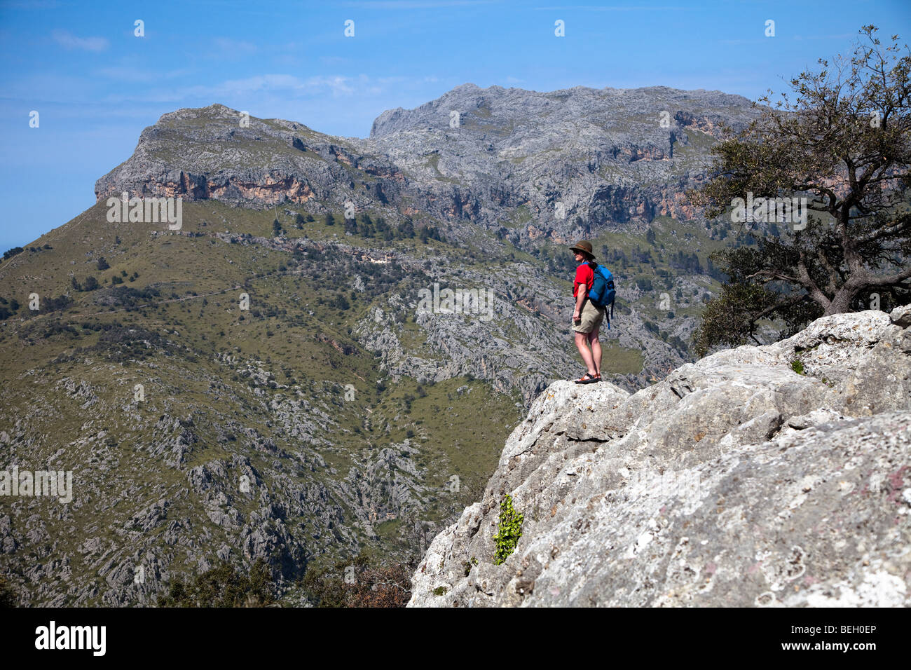 Escursionista femmina cercando in Torrent de Pareis con Puig Roig picco di montagna nella distanza Mallorca Spagna Spain Foto Stock
