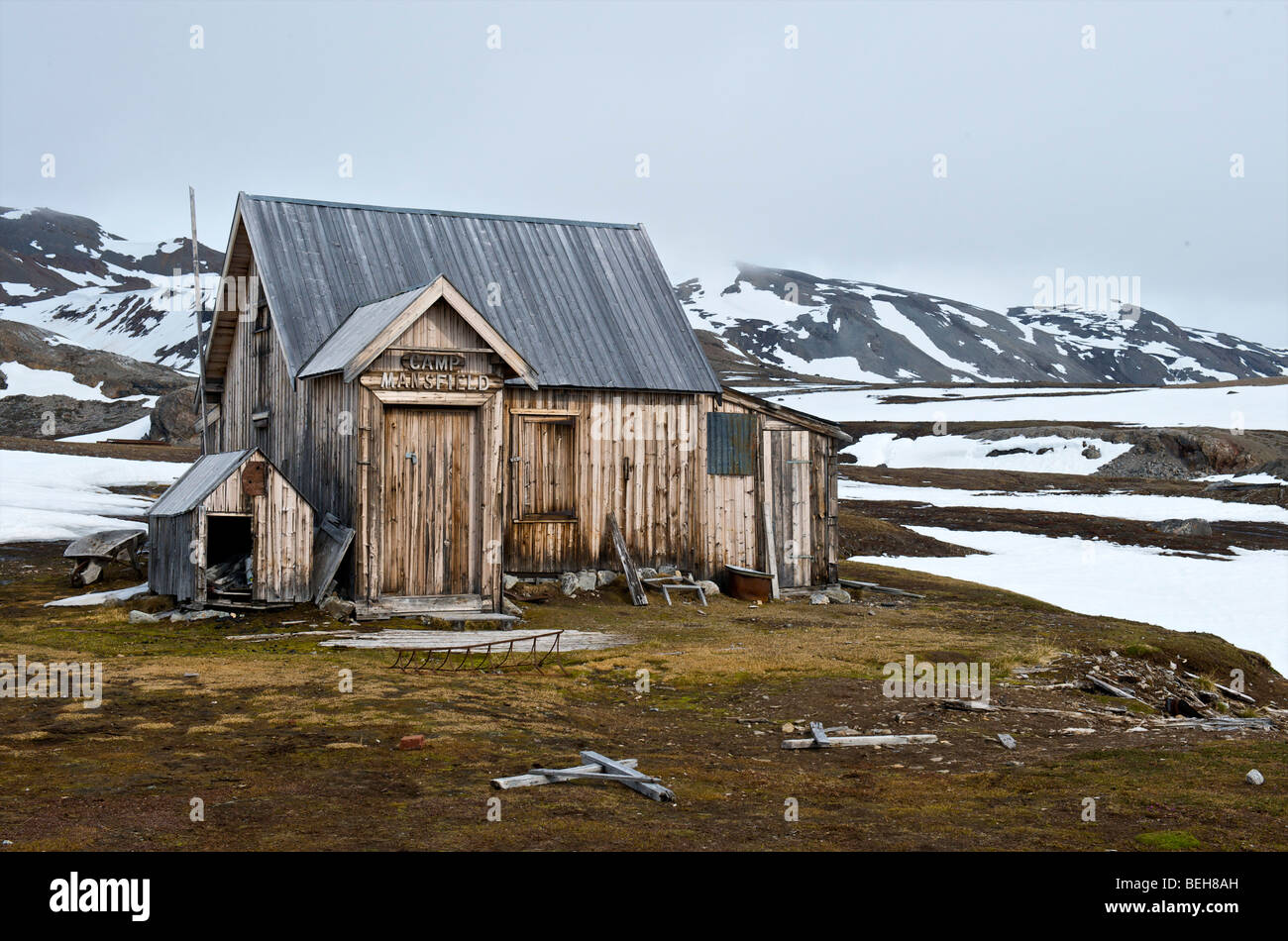 Spitsbergen, Svalbard, Ny London, cacciatori hut Foto Stock