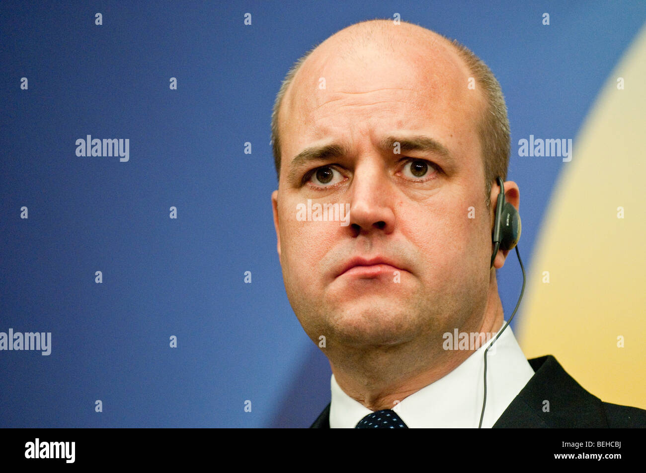 Swedens primeminister Signor Fredrik Reinfeldt partito conservatore alla conferenza stampa tenutasi a Stoccolma Foto Stock