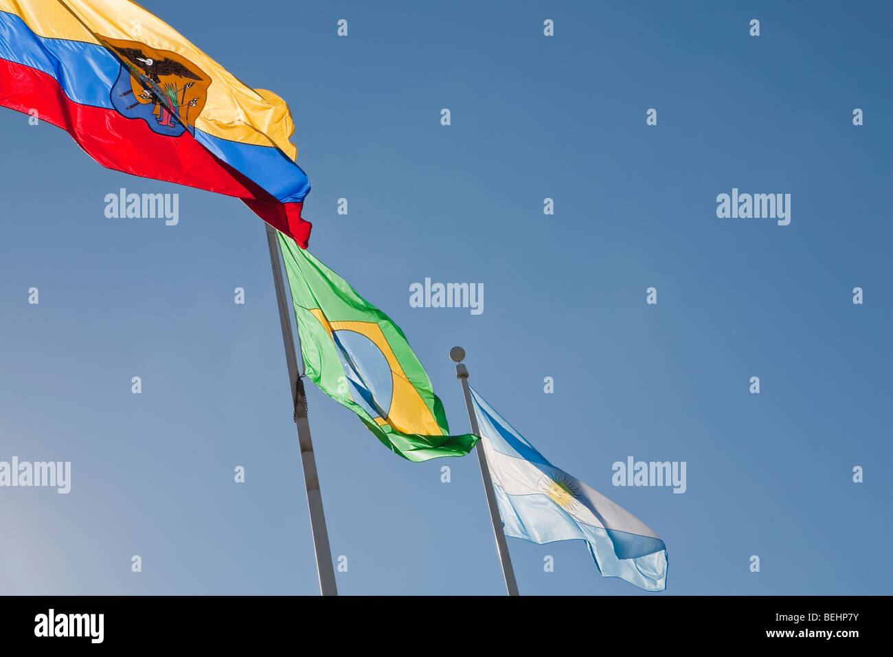 Basso angolo vista di bandiere nazionali, Miami, Miami-Dade County, Florida, Stati Uniti d'America Foto Stock