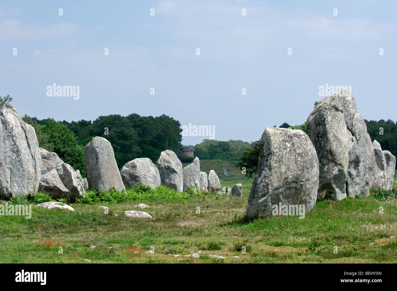 Pietre permanente nell'allineamento Kermario a Carnac, Brittany, Francia Foto Stock