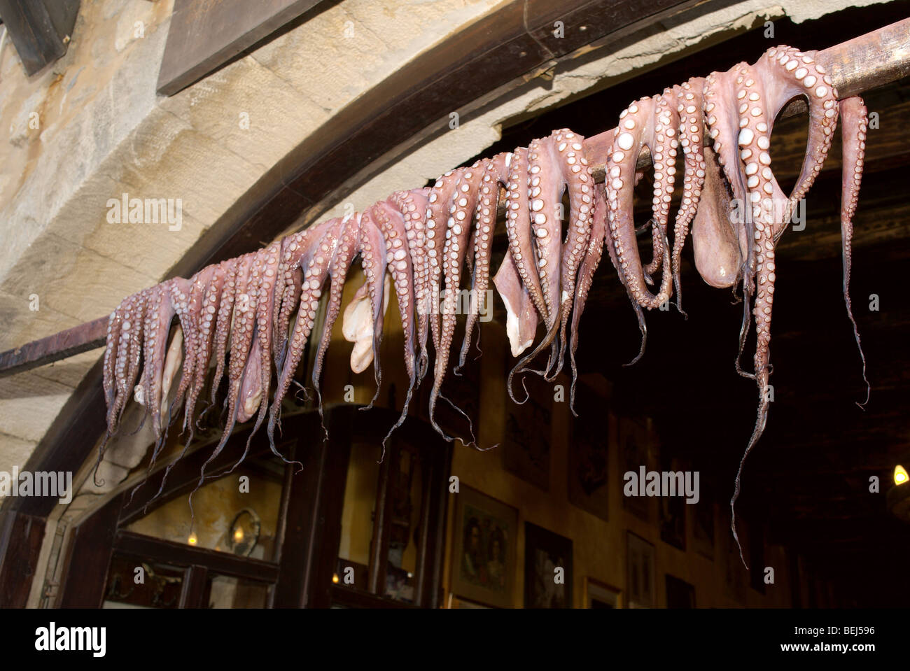 Diversi octopus appendere fuori l'entrata di una taverna nel porto di Rethymnon Foto Stock