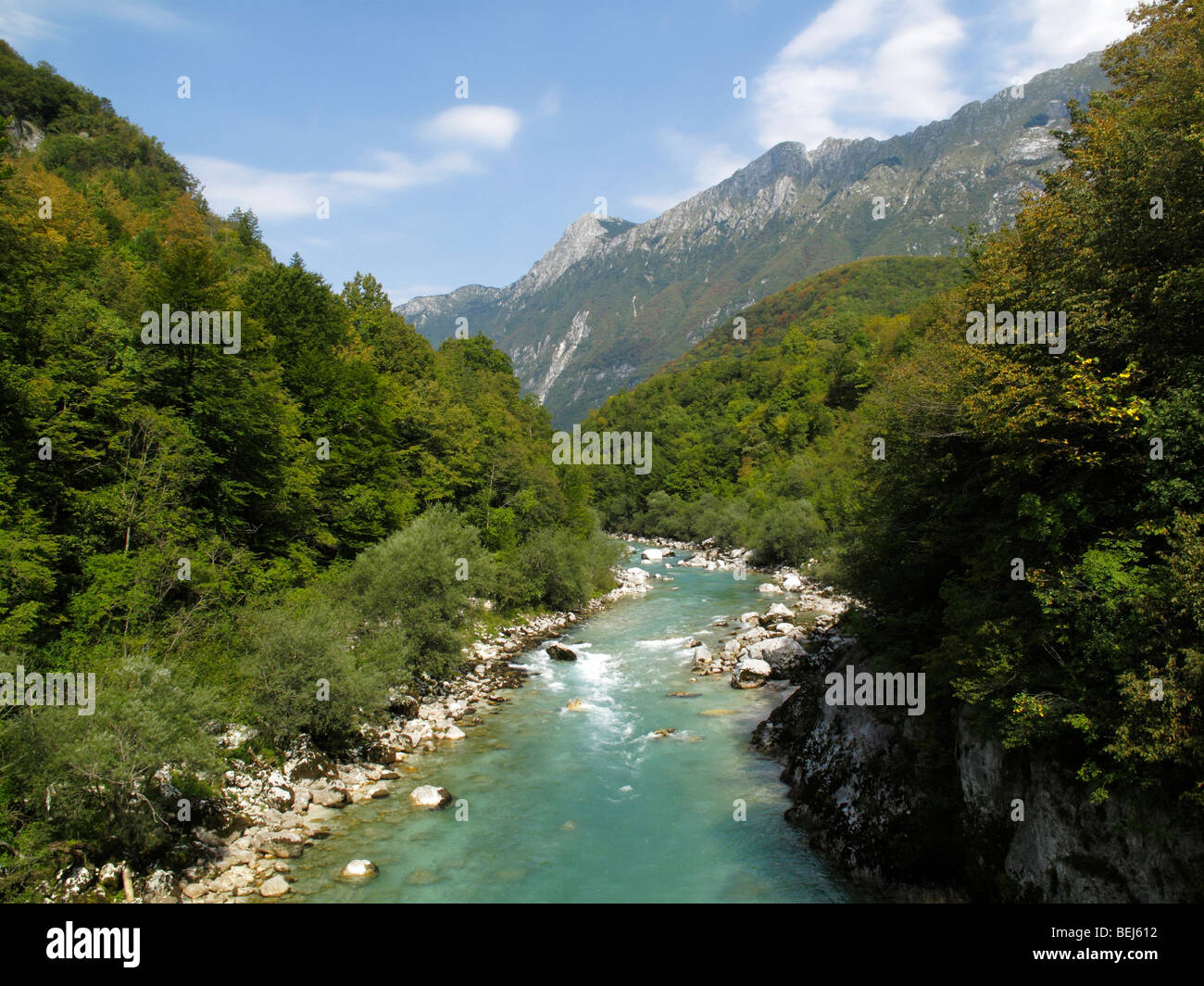 Il fiume Soca e valle vicino a Kobarid in Slovenia Foto Stock