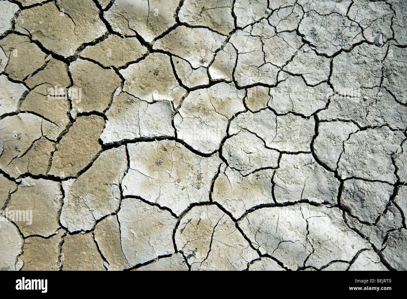 Configurazione astratta di estratto secco di argilla incrinato il fango essiccato fino al lago bed causato da una prolungata siccità in estate in clima caldo temperature Foto Stock