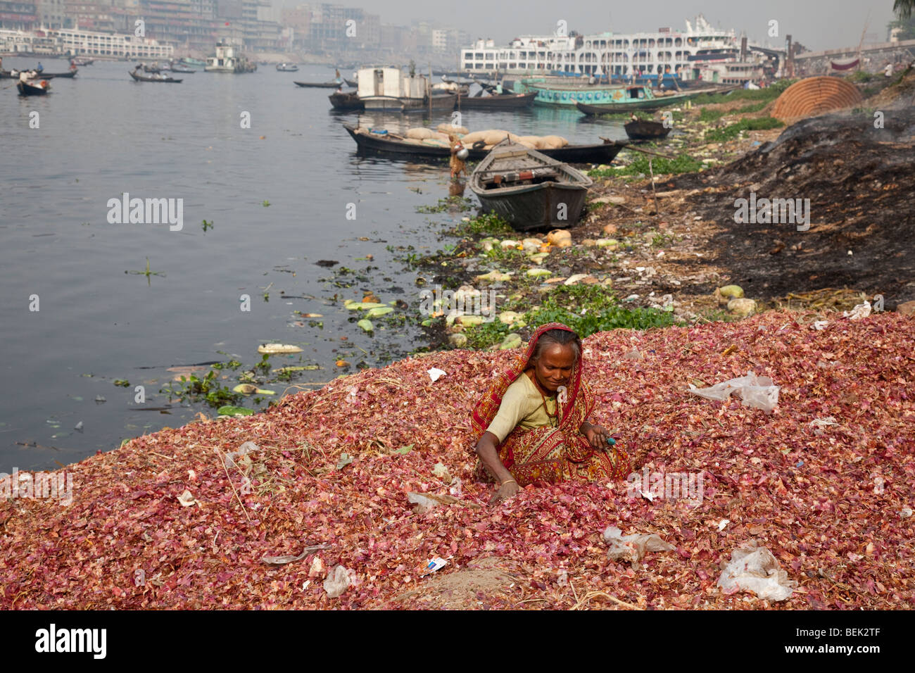 La donna per raccogliere un paio di scalogni da scartare le bucce a Dacca in Bangladesh Foto Stock