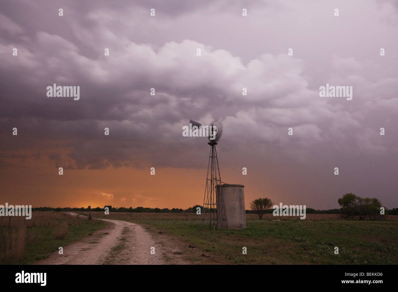 Mulino a vento al tramonto, Sinton, Corpus Christi, Coastal Bend, Texas, Stati Uniti d'America Foto Stock