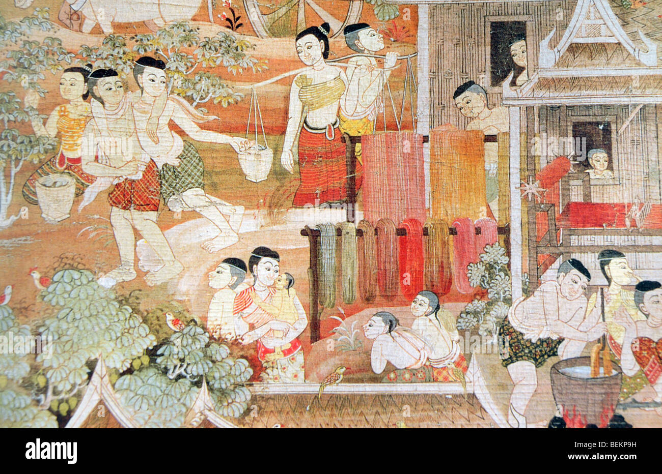 Chiudere dettagliate fino giapponese di carta da imballaggio raffigurante la preparazione dei lavoratori e lana di morire . Foto Stock