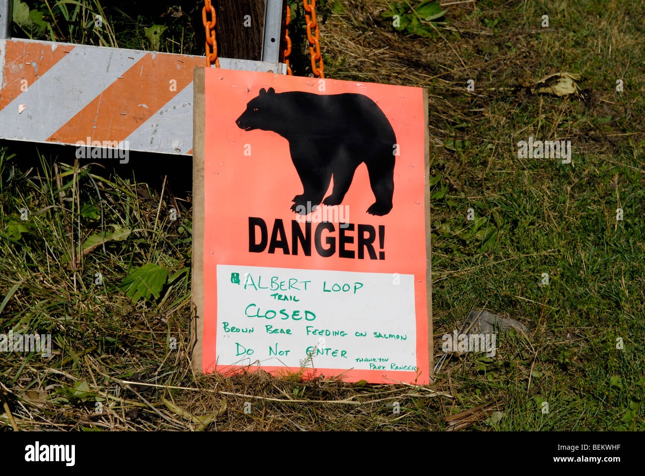Recare le spie di pericolo segno, Chugach State Park, Anchorage in Alaska, Foto Stock