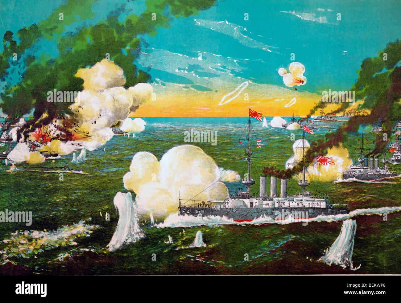 Corazzate giapponesi di bombardare il russo corazzate in una sorpresa assalto navale sulla flotta russa a Lüshun (Port Arthur) Foto Stock