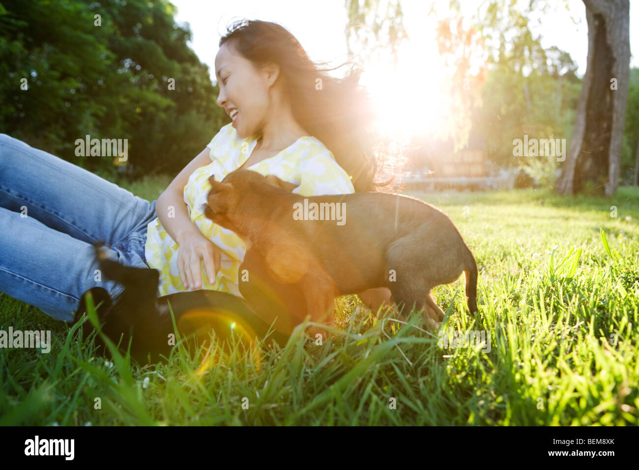 Giovane donna gioca con due cuccioli all'aperto Foto Stock