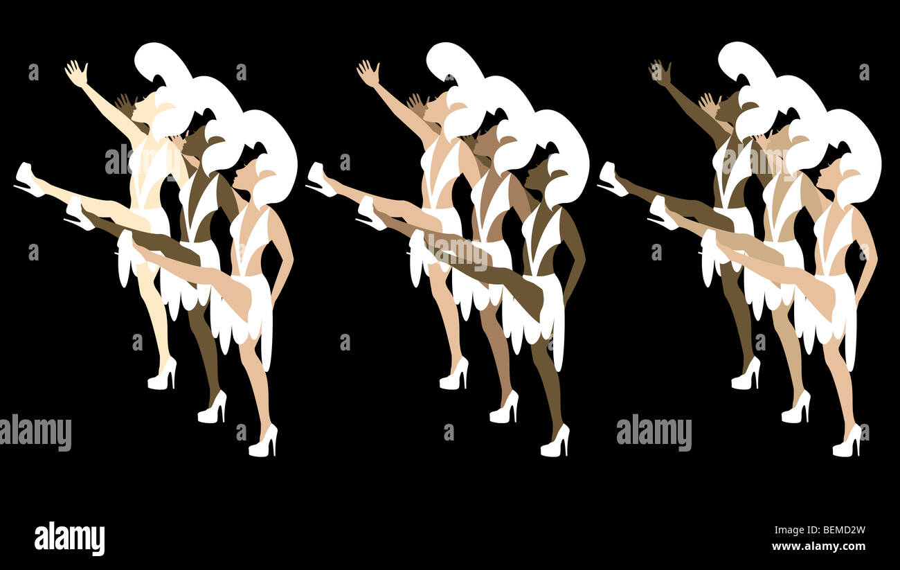 Las Vegas Showgirl ballerini con costumi dare calci alta. Foto Stock