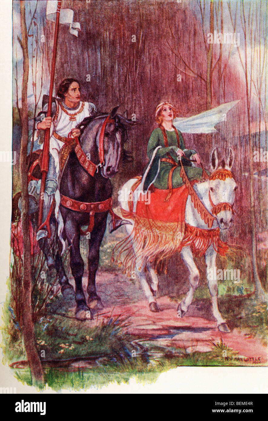Sir Lancelot e Queen Guinevere. Illustrazione colorata dal libro al Gateway di Tennyson pubblicato 1910. Foto Stock