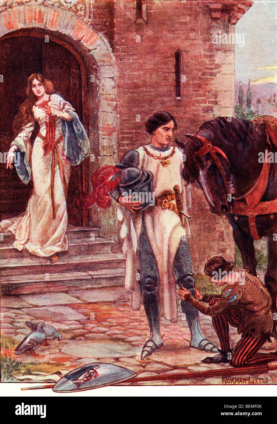 Sir Lancelot e Elaine. Illustrazione colorata dal libro al Gateway di Tennyson pubblicato 1910. Foto Stock