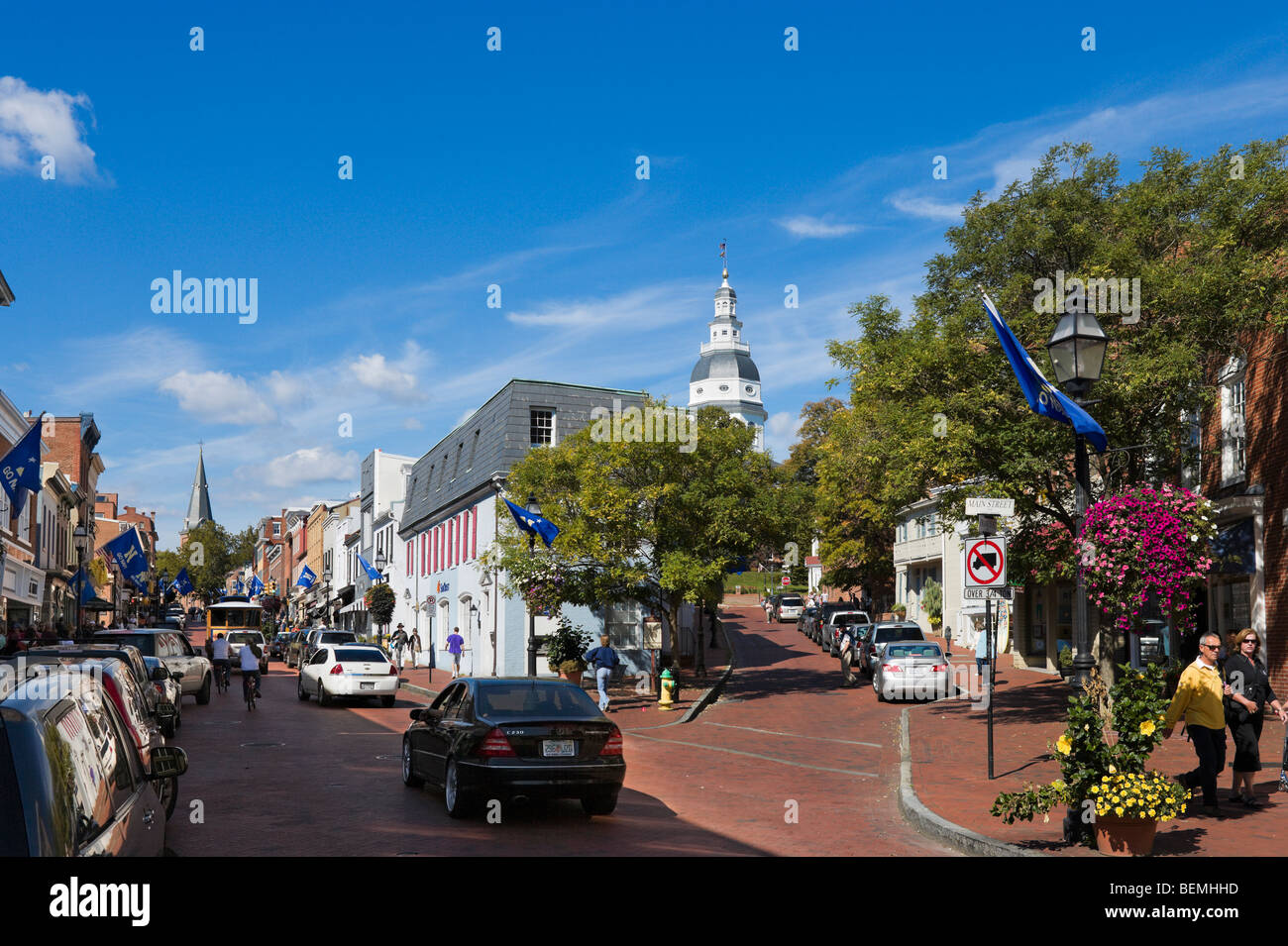 Strada principale guardando verso il Maryland State House, Annapolis, Maryland, Stati Uniti d'America Foto Stock