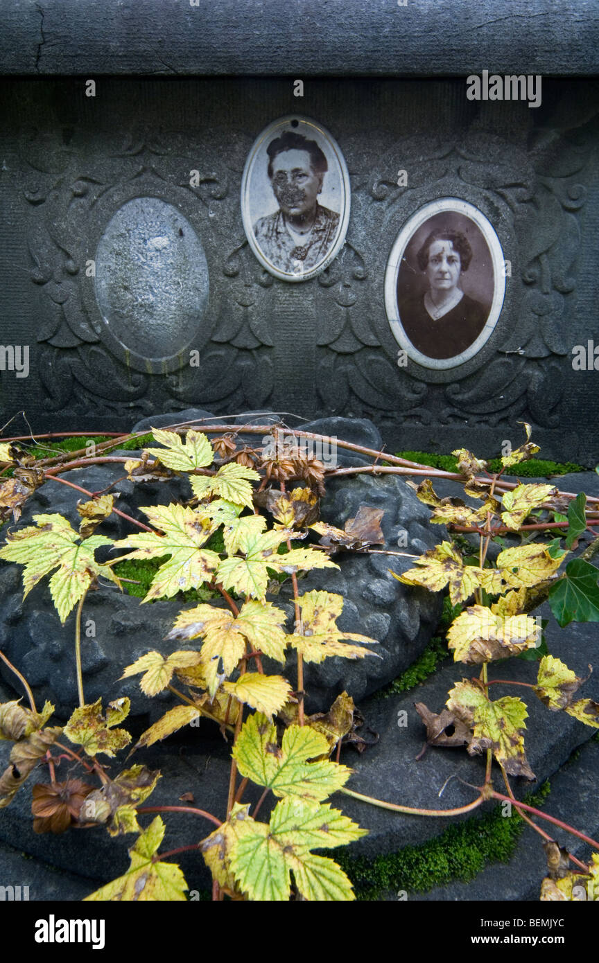 Vecchie foto su dimenticata famiglia sovradimensionate grave / tomba coperta di vegetazione al cimitero in autunno Foto Stock