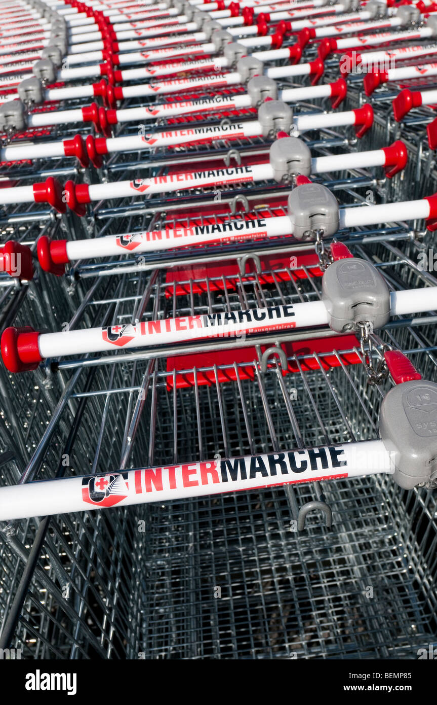 Linee di incastro carrelli per supermercati - Francia. Foto Stock