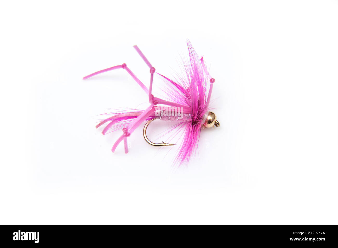 Gomma rosa daddy trout fly isolato su un bianco di sfondo per studio. Foto Stock