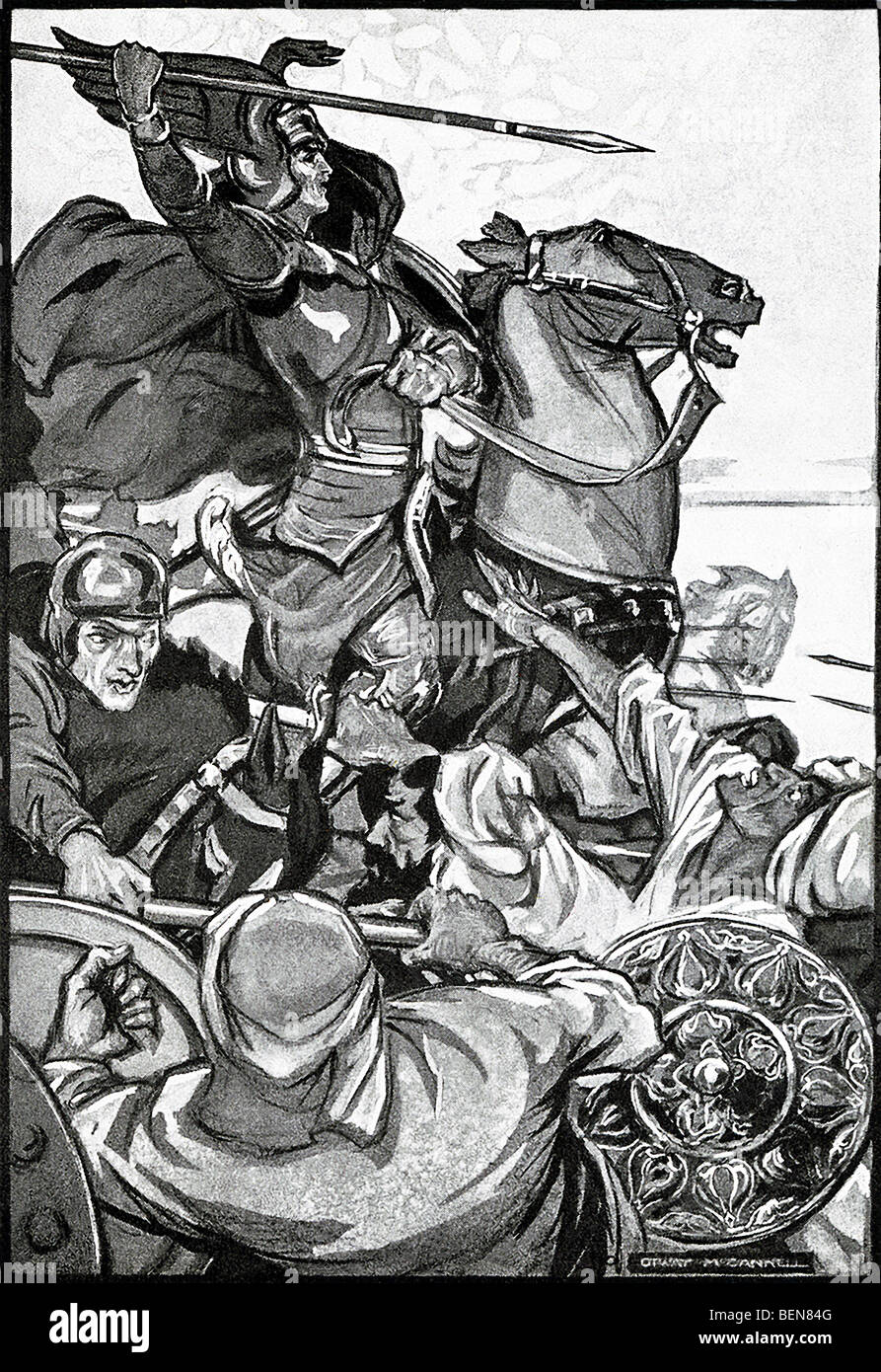 In questo inizio novecento illustrazione, folk spagnola hero El Cid, nobile in corte di Castiglia, è mostrato che portano truppe in battaglia. Foto Stock