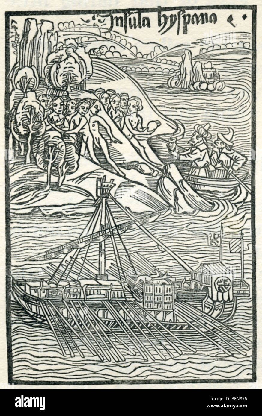 Questa xilografia mostra Colombo sbarco sull isola che egli chiamò Hispaniola risale al 1494. Foto Stock