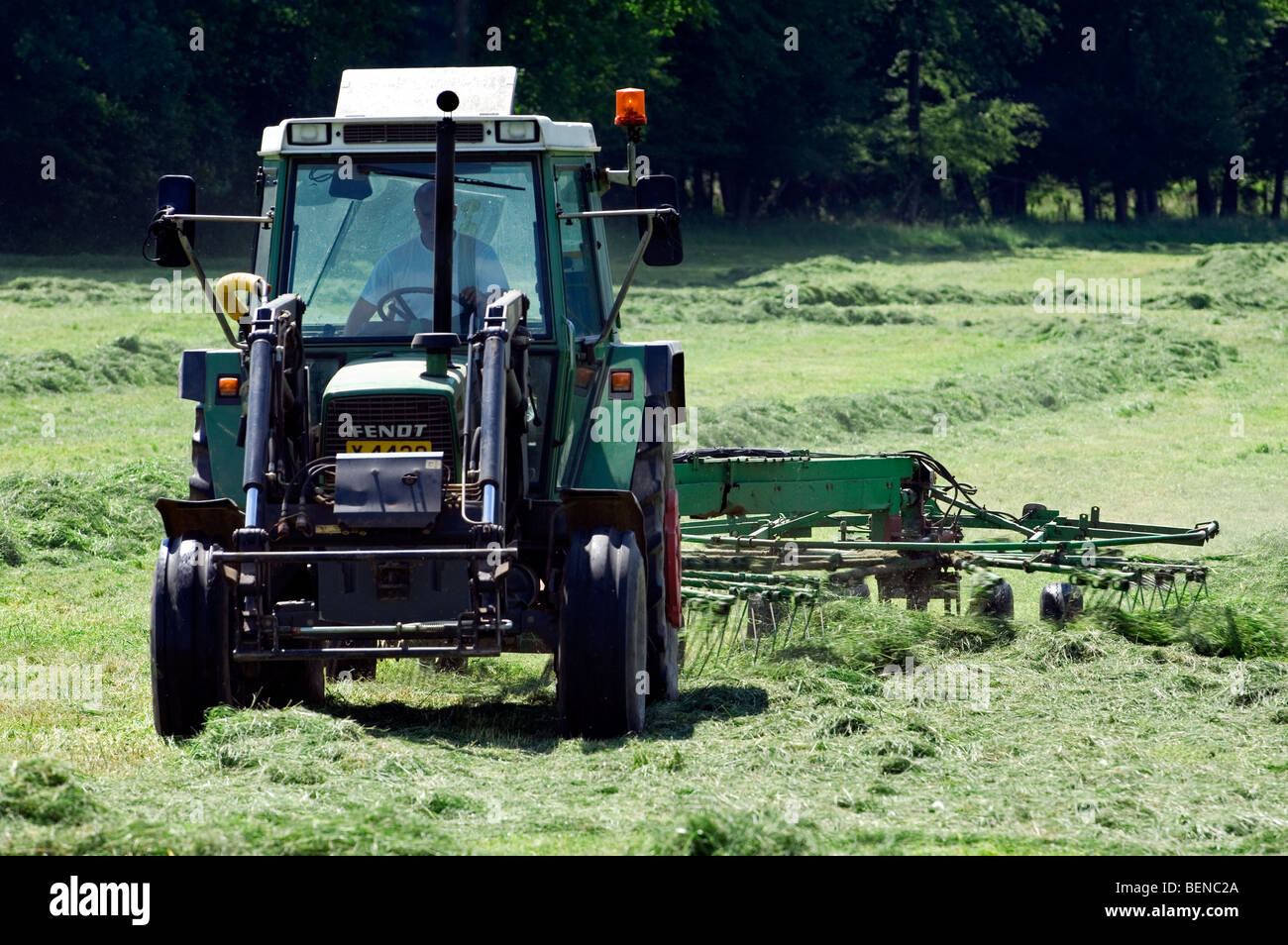 Trattore con falciatrice / fresa di tagliare il fieno nel prato su terreni agricoli in autunno Foto Stock