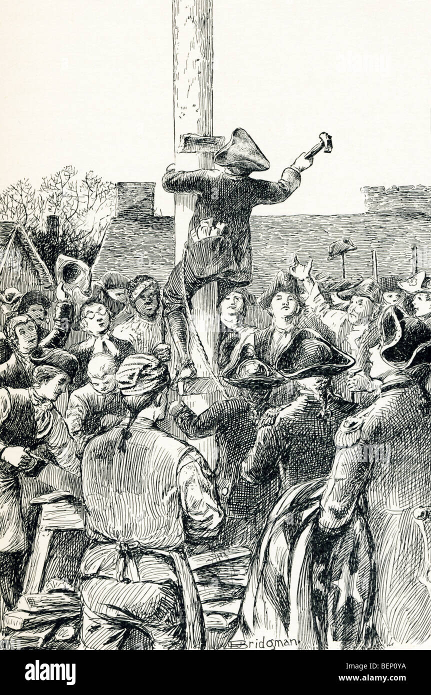17-anno-vecchio Jack Van Arsdale scalato il pennone in Battery Park nel 1783 per abbattere la bandiera britannica e mettere fino a stelle e strisce Foto Stock