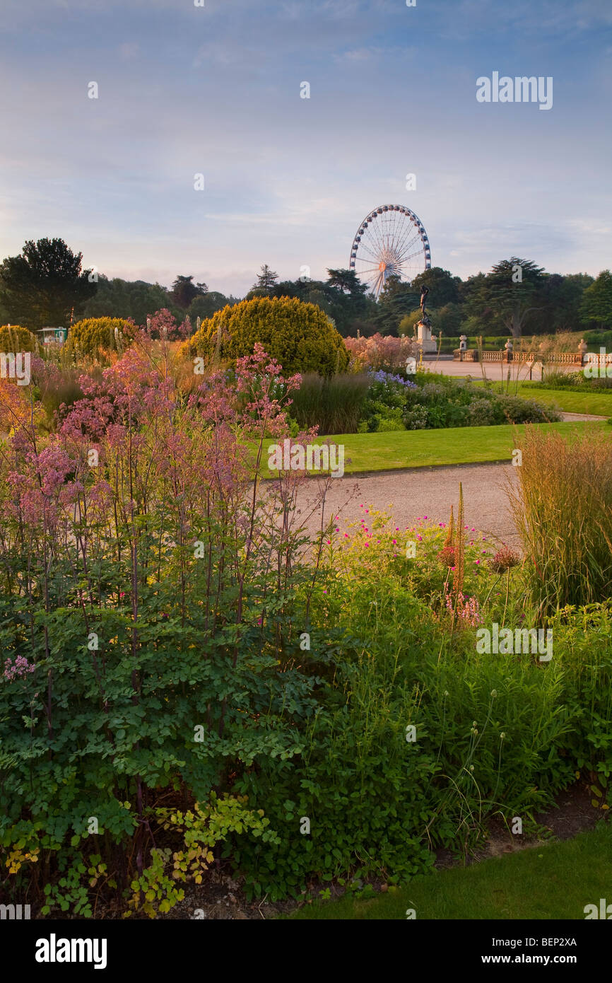 Vista su giardino inferiore a Trentham verso la grande ruota all'alba. Foto Stock