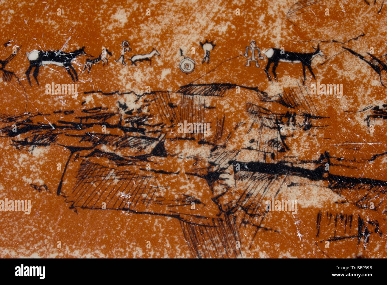 Pittogrammi in Canyon De Chelly. Antica arte indiana raffigurante le condizioni ambientali nell'ambiente di vita al momento. Foto Stock