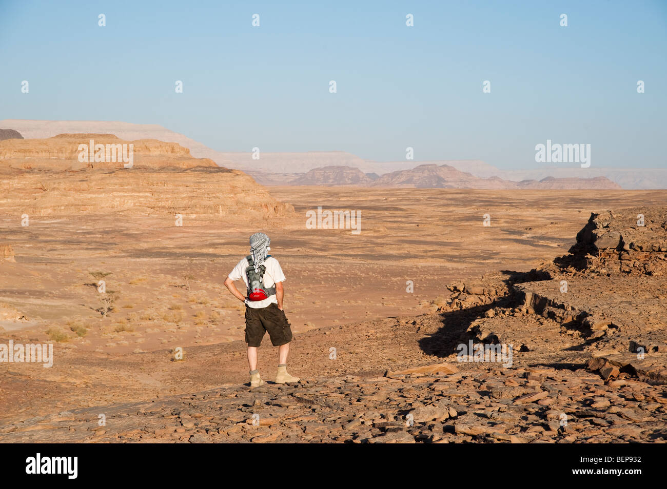 Un uomo che guarda attraverso il paesaggio del deserto del Sinai Egitto Foto Stock