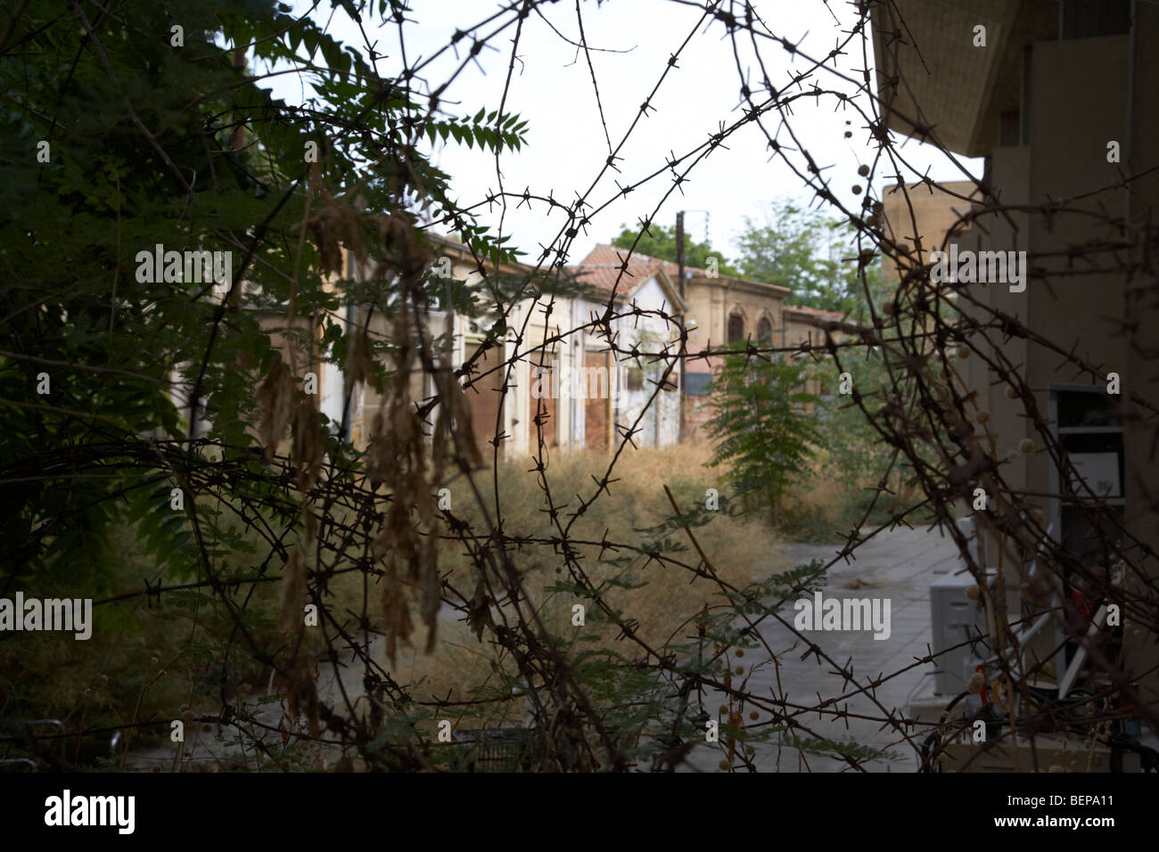 Filo spinato attraverso no mans land e area riservata dell'ONU zona di buffer nel verde della linea che divide il nord e il sud di cipro Foto Stock