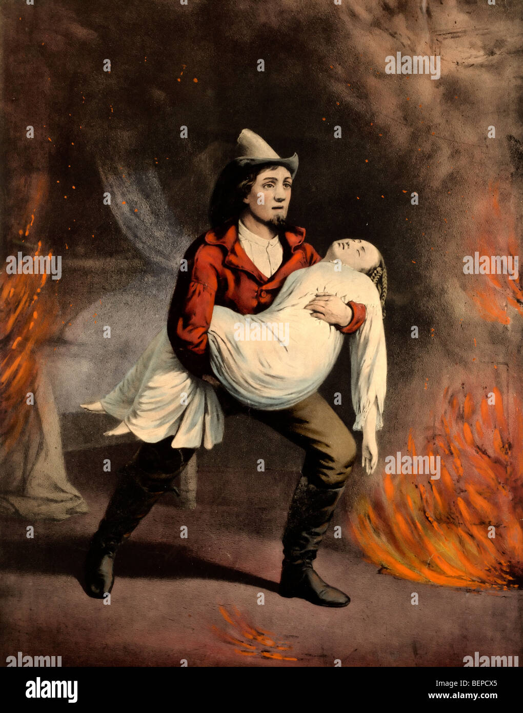 Il vigile del fuoco americano: prompt in soccorso/ American fireman, circa 1860 Foto Stock