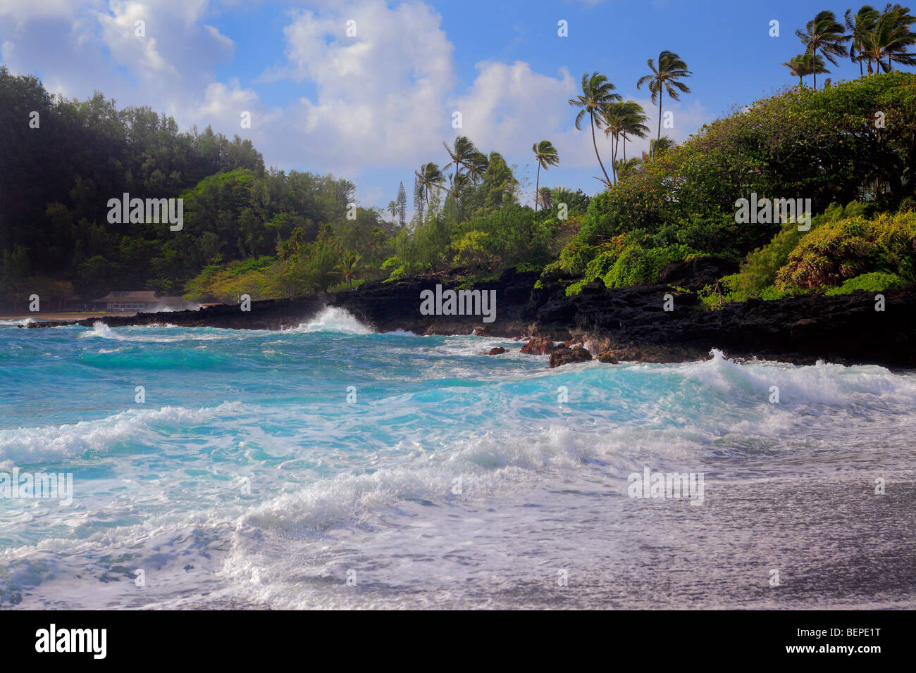 Le onde a Hana Bay sulla costa nordorientale di Maui, Hawaii, nella città di Hana Foto Stock