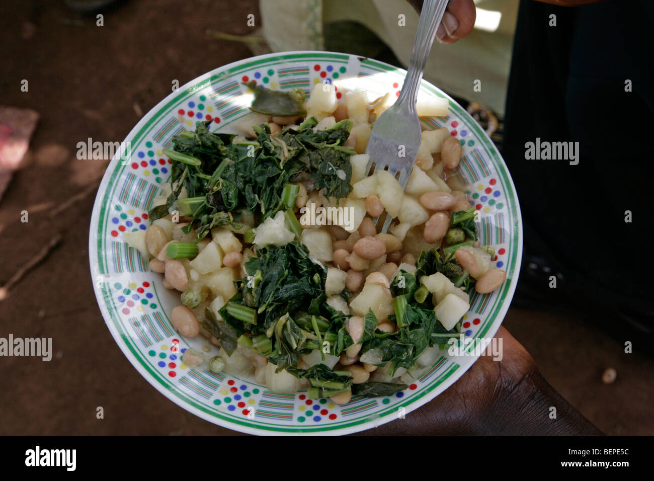 UGANDA pasto tipico di patate e cavolo e fagioli, Kayunga District. Foto di SEAN SPRAGUE Foto Stock