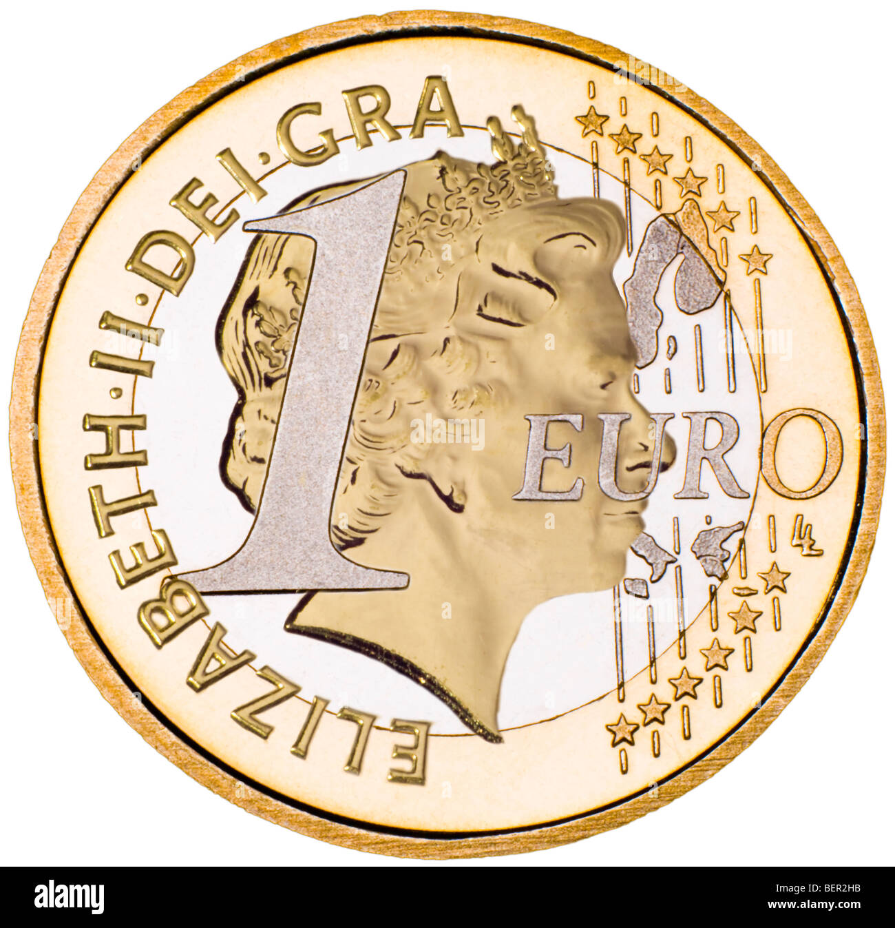 Un composito Euro / British moneta (testa della regina dalla metà sovereign) Foto Stock