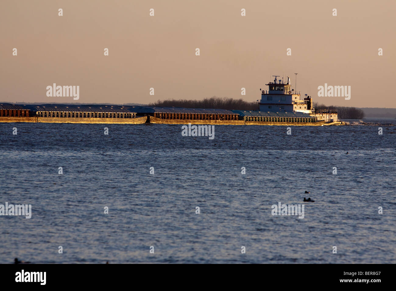 Spingendo un paio di chiatte a nord lungo il fiume Mississippi, un rimorchiatore di grandi dimensioni (traino) motori in barca lungo le rive di Ft. Madison, IA. Foto Stock
