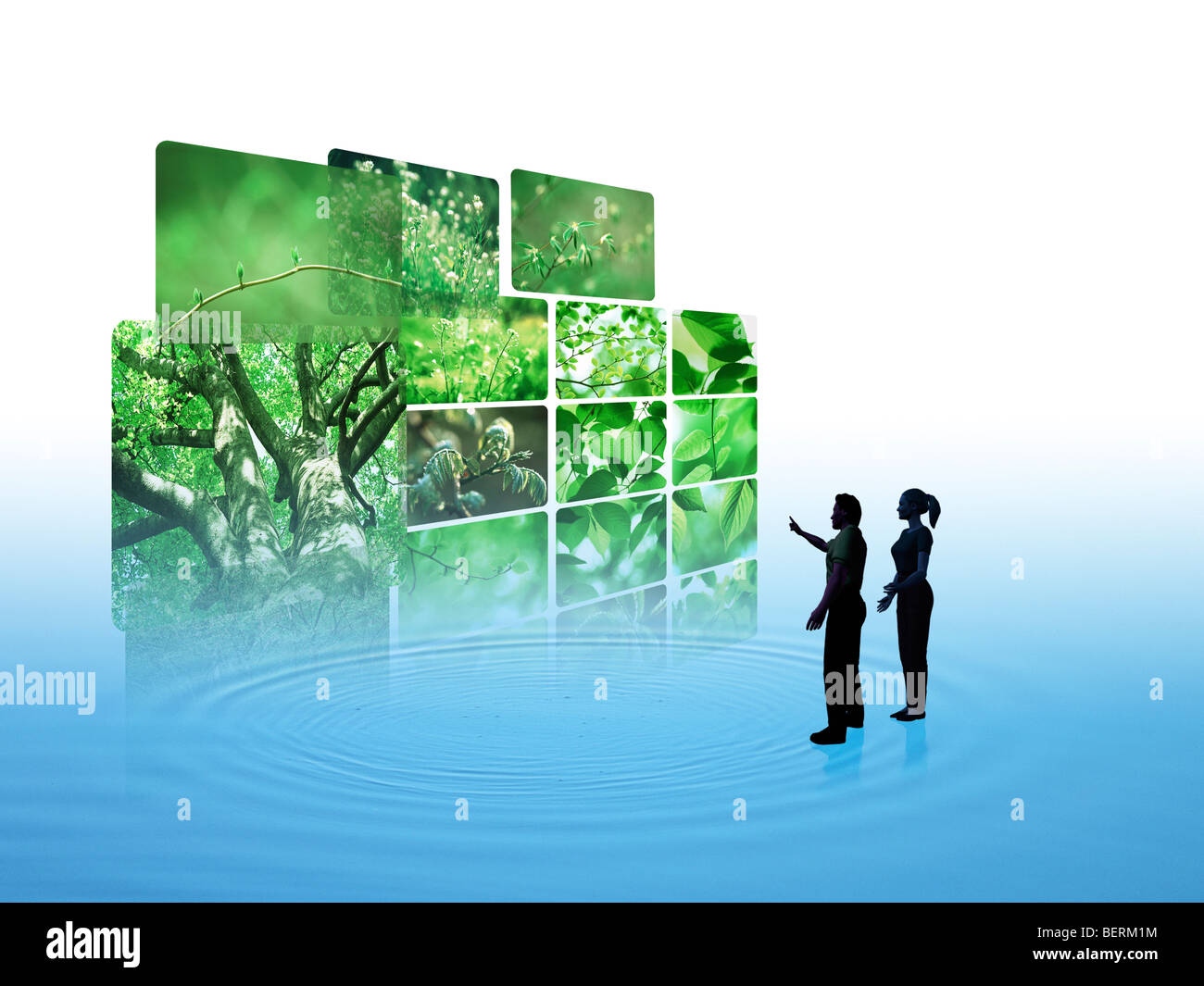Digital composito di erba e foglie sopra acqua increspata con due persone Foto Stock