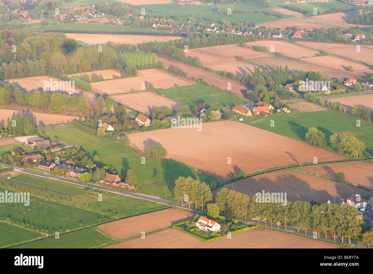 Lo sviluppo del nastro in zona agricola con i campi, praterie e siepi dall'aria, Belgio Foto Stock
