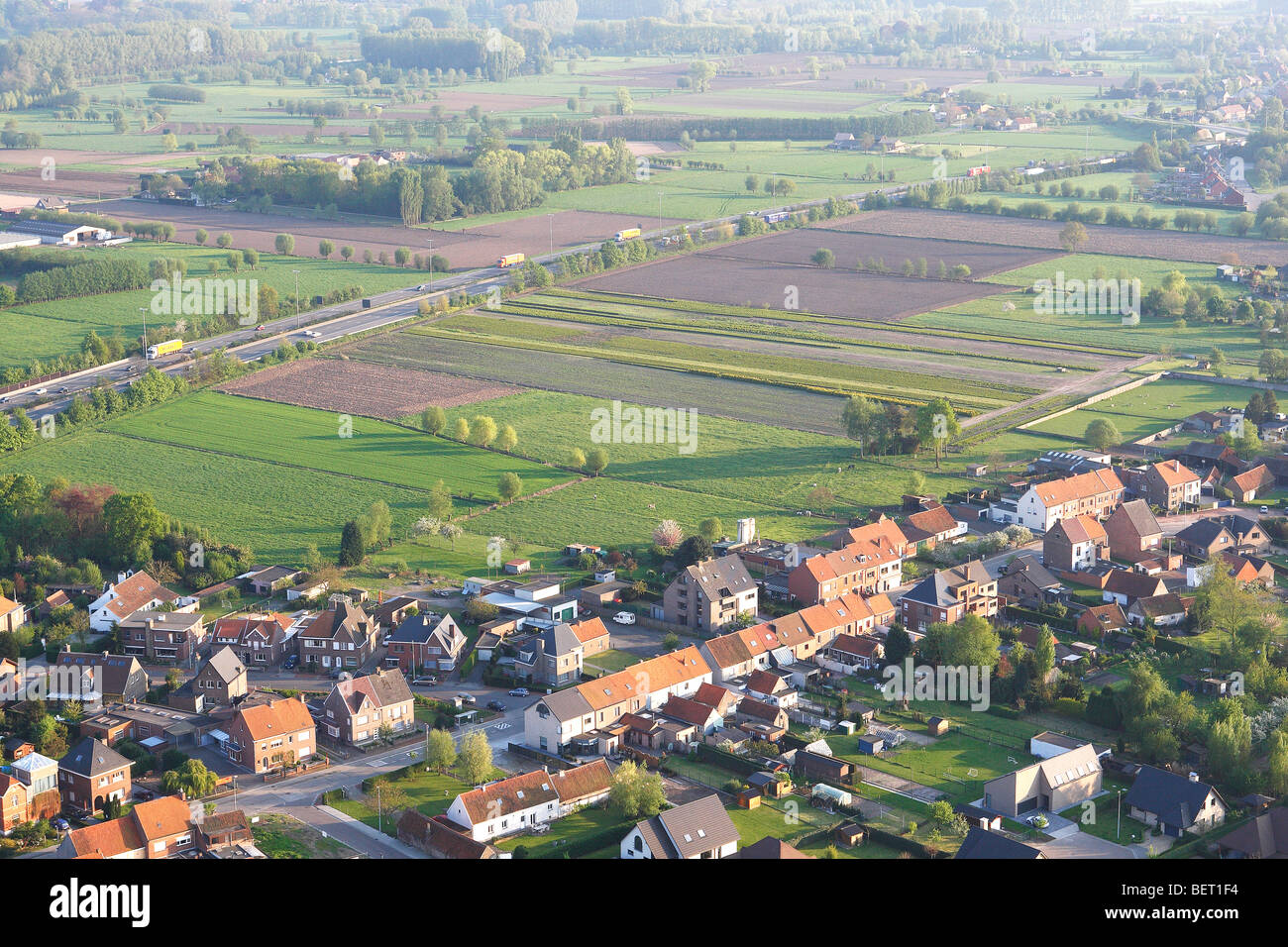 Lo sviluppo del nastro in zona agricola con i campi, praterie e siepi dall'aria, Belgio Foto Stock