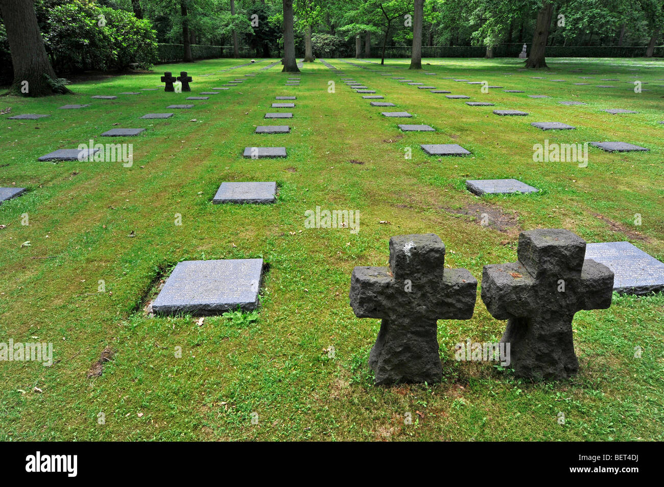 Croci in pietra e WW1 lapidi in tedesco Prima guerra mondiale un cimitero militare nella foresta Praatbos, Vladslo, Belgio Foto Stock