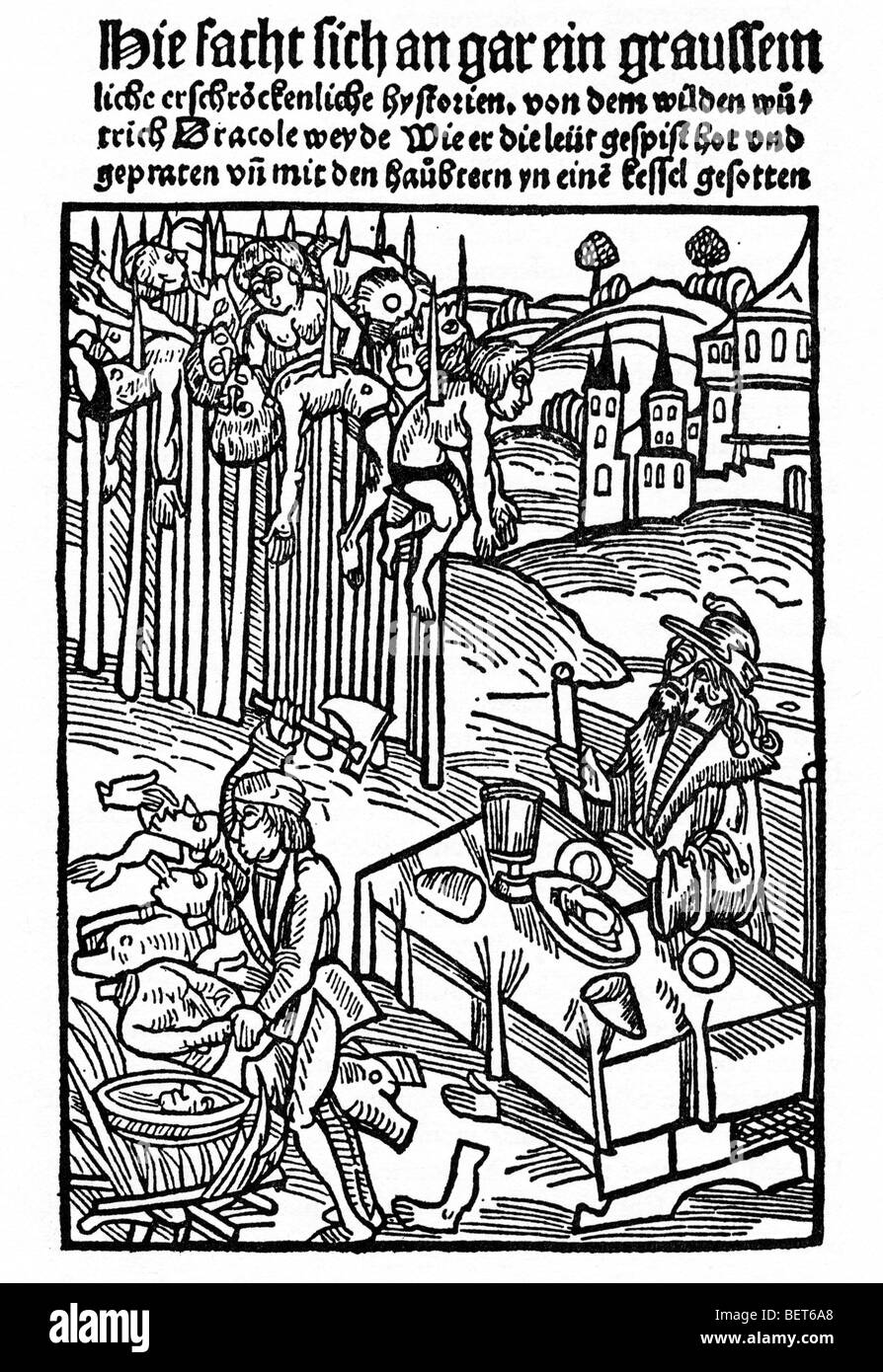 Vlad Dracula a cena, circondato dai cadaveri infilzati dei cittadini Brasso, xilografia pubblicato a Strasburgo nel 1500 Foto Stock