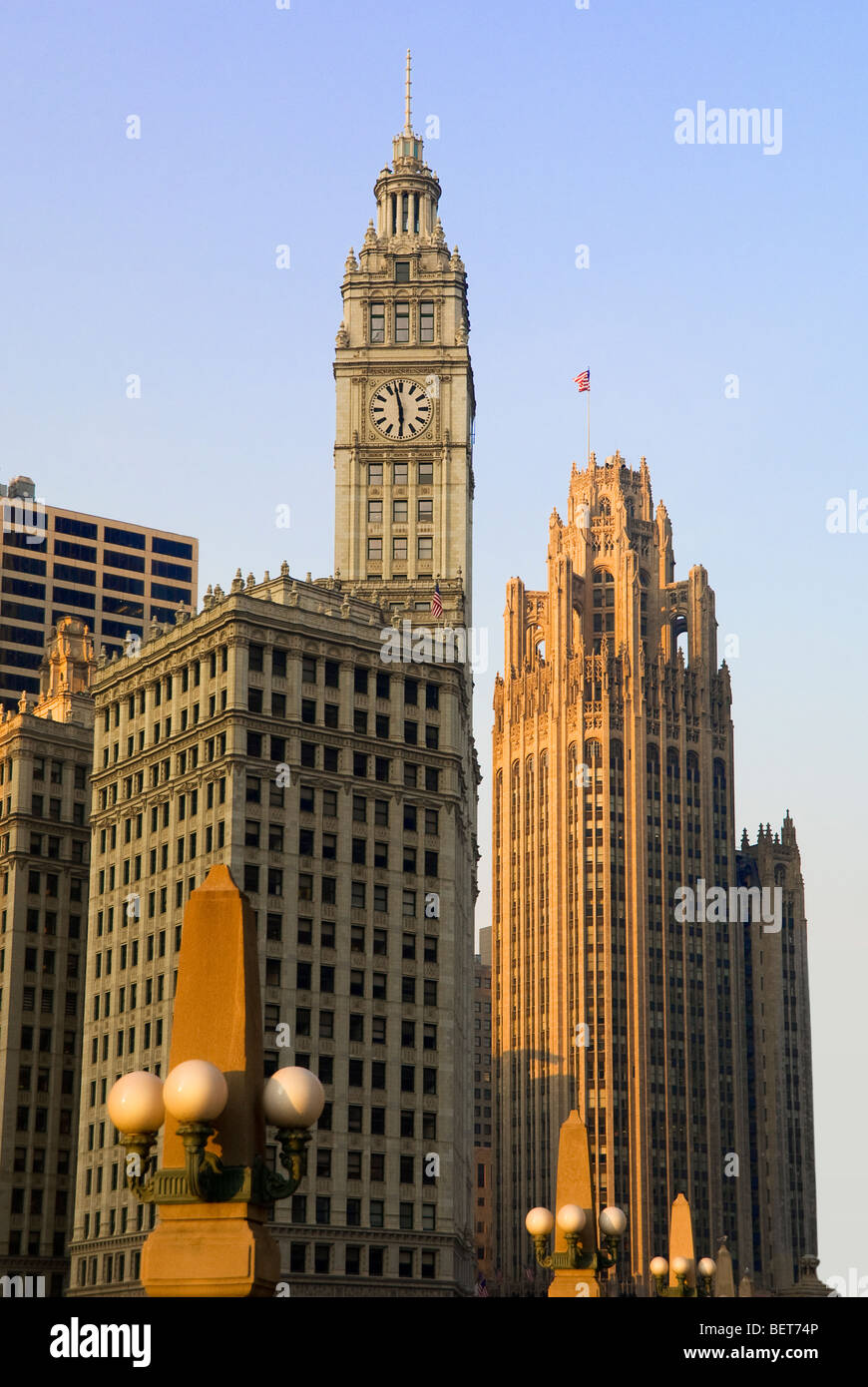 L'edificio Wringley e Tribune Tower di Chicago, Illinois, Stati Uniti d'America Foto Stock