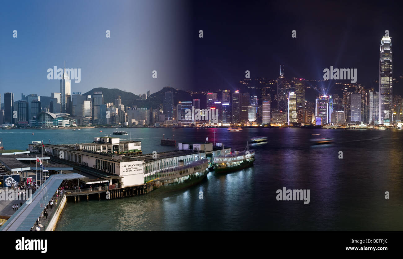 Un'immagine sovrapposta del porto di Hong Kong ed il Traghetto Star Ferry Terminal, che mostra il giorno e la notte gli aspetti di questa vibrante città asiatiche. Foto Stock